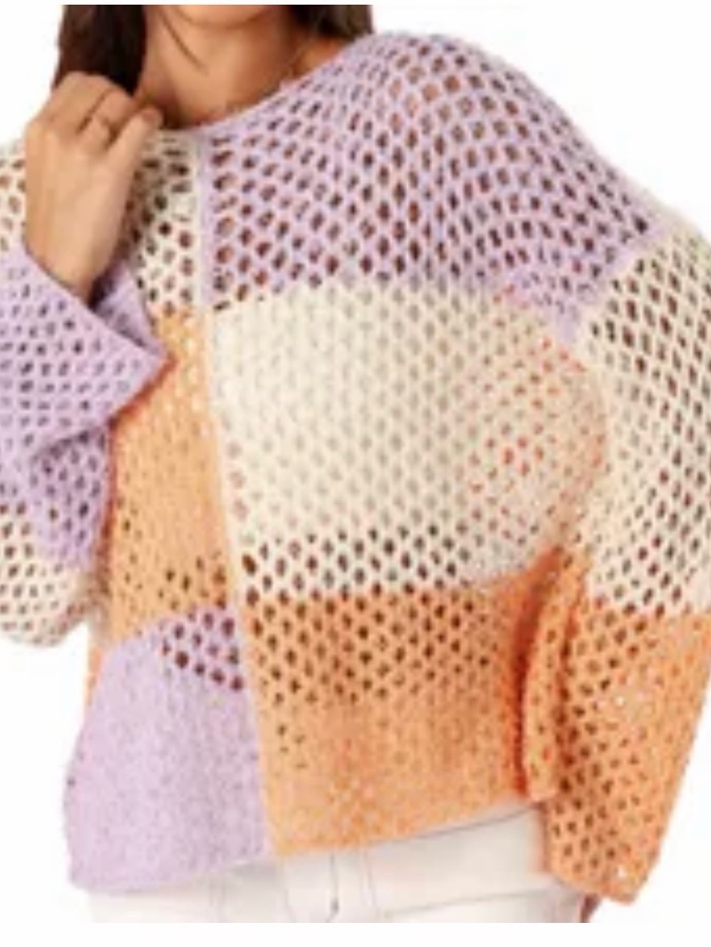 NWOT Bibi Open-Knit Colorblock Sweater - Lavender, Cream & Peach